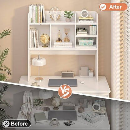 Desk Hutch with 6 Shelves, Desktop Bookshelf Organizer & Hutch Top for Desk, Over Desk Storage Shelf for Office, Home, Dorm | Space-Saving Design (White)