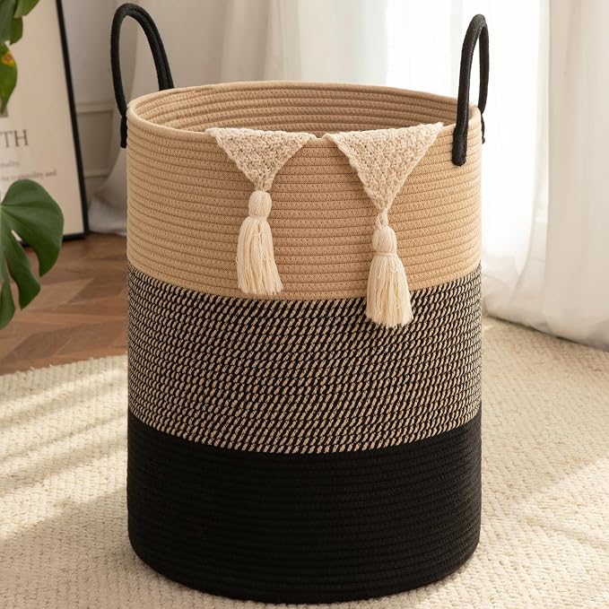 OIAHOMY Large Laundry Basket Hamper - 80L Cotton Rope Woven Basket for Blankets, Toys, Clothes - Tall Decorative Nursery Hamper with Long Handles, Yellow/Black