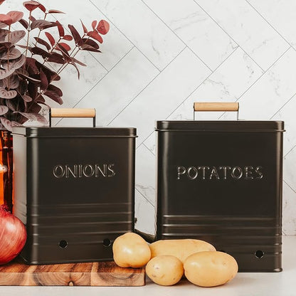ZICOTO Beautiful Potato and Onion Storage Container Set, 10.1" & 8.9" - Perfectly Sized Spacious Canisters For Your Kitchen Counter Or Pantry - Food Safe Metal Bins Keep Produce Fresh Longer