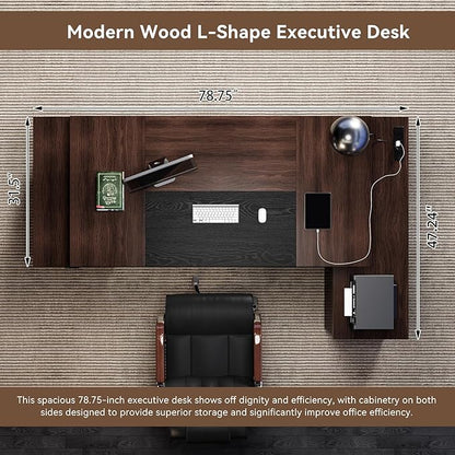 L Shape Executive Desk with Drawers and Storage Cabinet, Wooden Executive Office Desk for Home, Large Computer Table with Lateral File Cabinet for Studio, Dark Brown Black