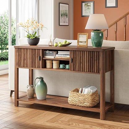 Console Table Fluted with 8 Storage Shelves & 2 Doors, Modern Sofa Table Behind Couch with Open Storage Shelf, Entry Table for Hallways,Entryway, Living Room,Wooden, Walnut Brown