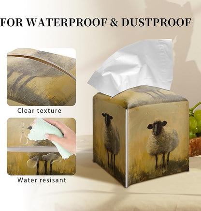 Grace Yonks Cute Sheep Tissue Box Cover Square, Farmhouse Cube Case for Facial Tissues, 5.2" PU Leather(069)