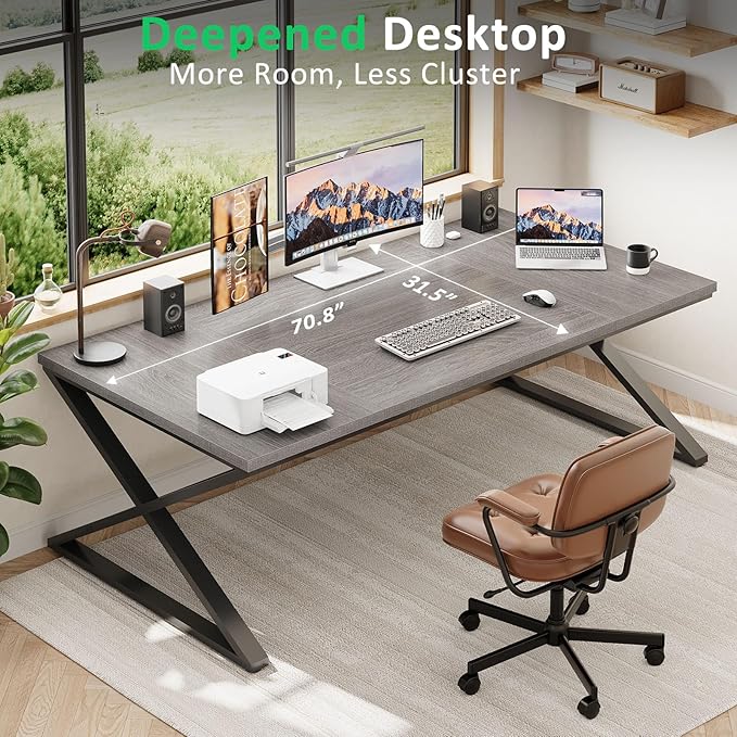 IBF Large Home Office Computer Desk, Industrial Long Work Study Writing Desk, Simple Executive Conference Table for 2 Person, Wood Metal Double Pc Gaming Workstation in Bedroom, Light Grey Oak, 70 in
