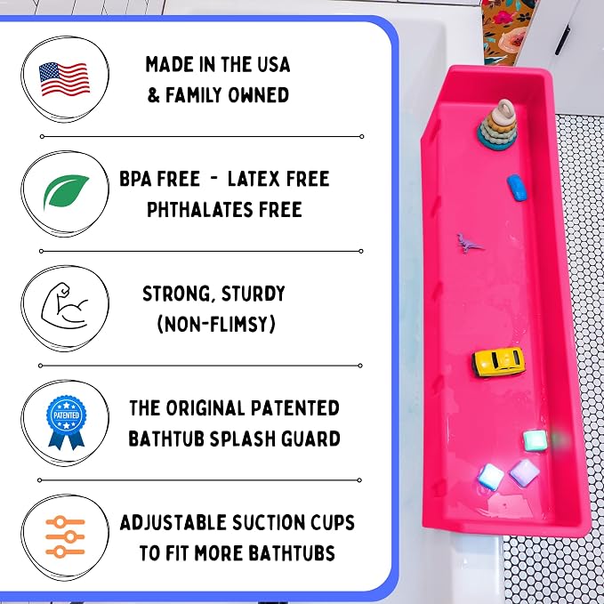 Tub Topper® Bathtub Splash Guard & Bath Shelf for Kids – Toddler Bath Tray, Bath Toys Storage & Ledge Organizer – Splash Guard for Bathtub with Suction Cups – Kids Bathroom Accessories (Pink)