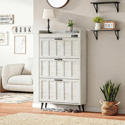 ChooChoo Shoe Storage Cabinet with 3 Flip Drawers, Deodorizing Shoe Organizer Storage for Entryway, Freestanding Hidden Slim Narrow Shoe Rack Cabinet, Antique White
