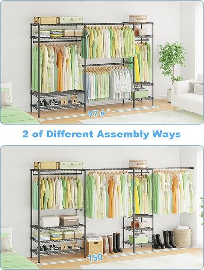 Ulif E11 Heavy-Duty Garment Rack, Metal Freestanding Clothes Rack and Closet Storage Organizer System with 8 Shelves and 4 Hanger Rods, (73.2-97.6)" W x 14.5" D x 71.2" H, Load 1034 LBS, Black