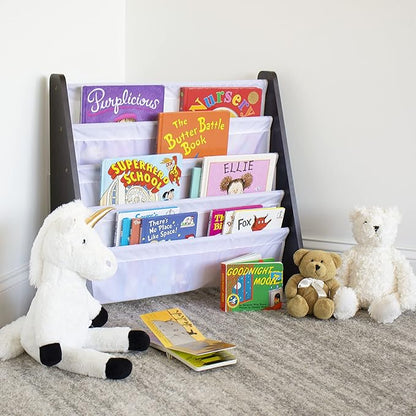 Humble Crew 4-Tier Kids Bookshelf, Espresso Wood/White - Premium Book Shelf for Kids Rooms with Four Deep Pockets - Toddler Sling Book Rack with Deep Sleeves, Nursery Bookcase Organizer