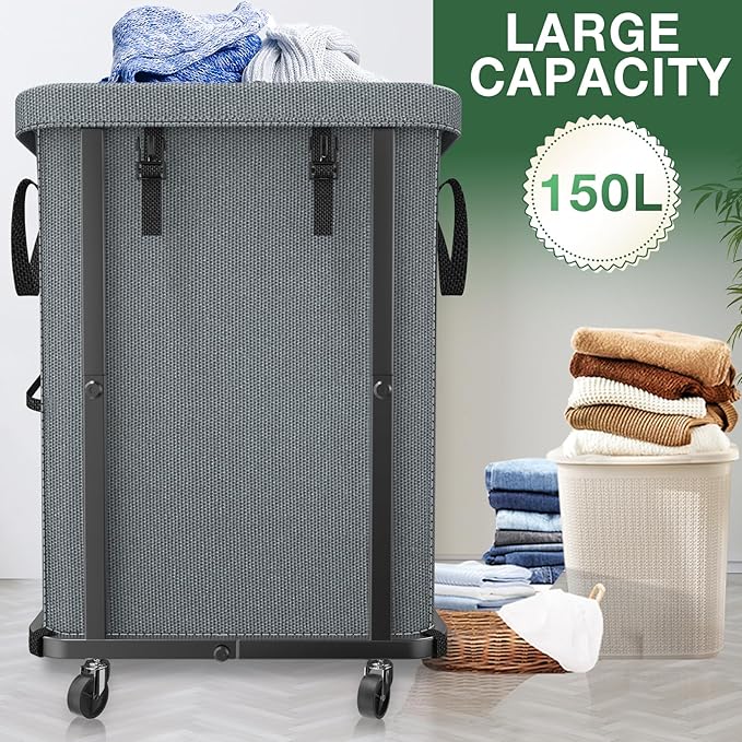40 Gal(150L) Laundry Basket with Lid, Rolling Laundry Hamper with Wheels, Dirty Clothes Hamper with Metal Frame and Removable Bag Design, Suitable for Laundry Room, Bedroom - Grey