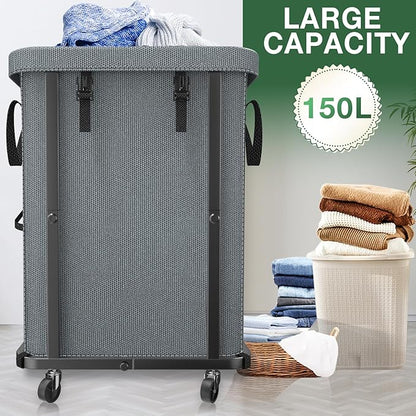40 Gal(150L) Laundry Basket with Lid, Rolling Laundry Hamper with Wheels, Dirty Clothes Hamper with Metal Frame and Removable Bag Design, Suitable for Laundry Room, Bedroom - Grey