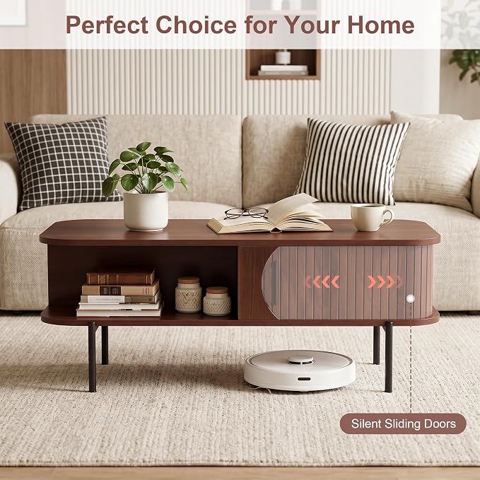 VECELO Coffee Table,40" Mid Century Coffee Tables with Open Storage Shelf,Fluted Table with Sliding Tambour Door,Farmhouse Wooden Tables Center Table for Living Room,Home Office,Walnut Brown