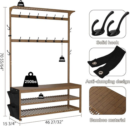 AMBIRD 6-in-1 Bamboo Hall Tree with Shoe Storage, Entryway Organizer Shoe Bench with 16 Coat Hooks and Cloth Bag, Sturdy Bamboo Storage Bench, 46 * 15 * 70 inches Brown