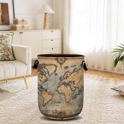 Antique World Map Laundry Basket, Laundry Hamper Collapsible Oxford Cloth with Handle Clothes Toy Storage Bin for Bathroom Laundry Room Bedroom 15.7 X 20 Inch