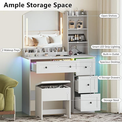 Vanity Desk with Mirror and Lights & Power Outlet, Makeup Vanity Set with Chair & RGB Ambient Light, Girls Vanity Dressing Table with 3 Lighting Modes & Adjustable Brightness for Bedroom, White