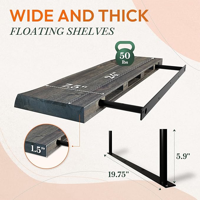 Howizz 24" Acacia Live Edge Floating Shelves Set of 2 - Wall Mounted Wooden Shelf for Stylish Home Décor - Mocha Color 24x7.5x1.5 Inches