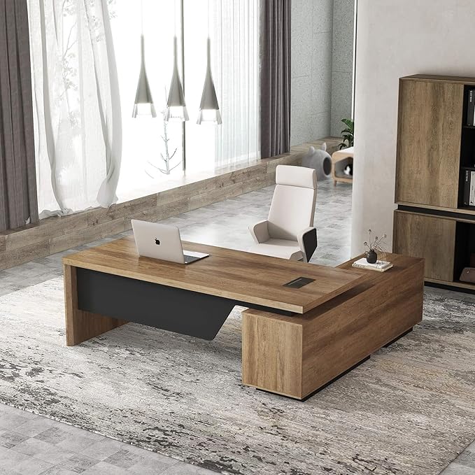 SAINTCY L-Shaped Executive Desk, Retractable Office Desk with Drawers, Large Wood Computer Desks for Boss, Bussiness Owners, Manangers and Supervisors, Adjustable Width (Left Return, 70.86" to 78.7")
