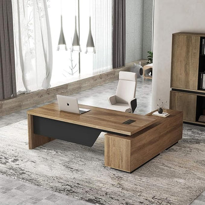 SAINTCY L-Shaped Executive Desk, Retractable Office Desk with Drawers, Large Wood Computer Desks for Boss, Bussiness Owners, Manangers and Supervisors, Adjustable Width (Left Return, 70.86" to 78.7")