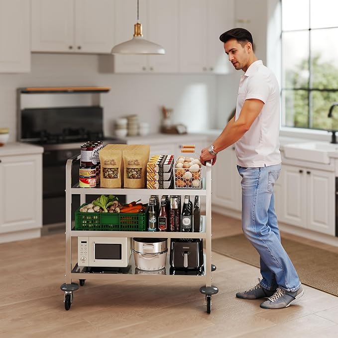 uyoyous 3-Tier Stainless Steel Utility Cart, 360° Rotation Wheels & 400 lbs Capacity, Commercial Serving Cart for Kitchen Hotel Restaurant Home, 30" L x 16" W x 33" H