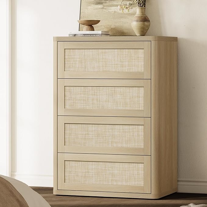 SICOTAS 4 Drawer Dresser for Bedroom-40.59'' Tall Rattan Bedroom Dressers with Oversized Drawers, Boho Wooden Chest of Drawers, Push-to-Open Storage Dresser for Closet, Nursery, Sand Oak