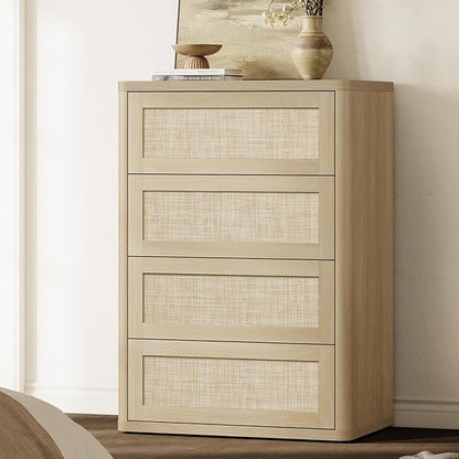 SICOTAS 4 Drawer Dresser for Bedroom-40.59'' Tall Rattan Bedroom Dressers with Oversized Drawers, Boho Wooden Chest of Drawers, Push-to-Open Storage Dresser for Closet, Nursery, Sand Oak