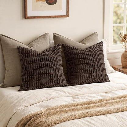 MIULEE Pack of 2 Corduroy Decorative Euro Sham Throw Pillow Covers 24x24 Inch Soft Boho Striped Pillow Covers Modern Farmhouse Home Decor for Sofa Living Room Couch Bed Dark Brown