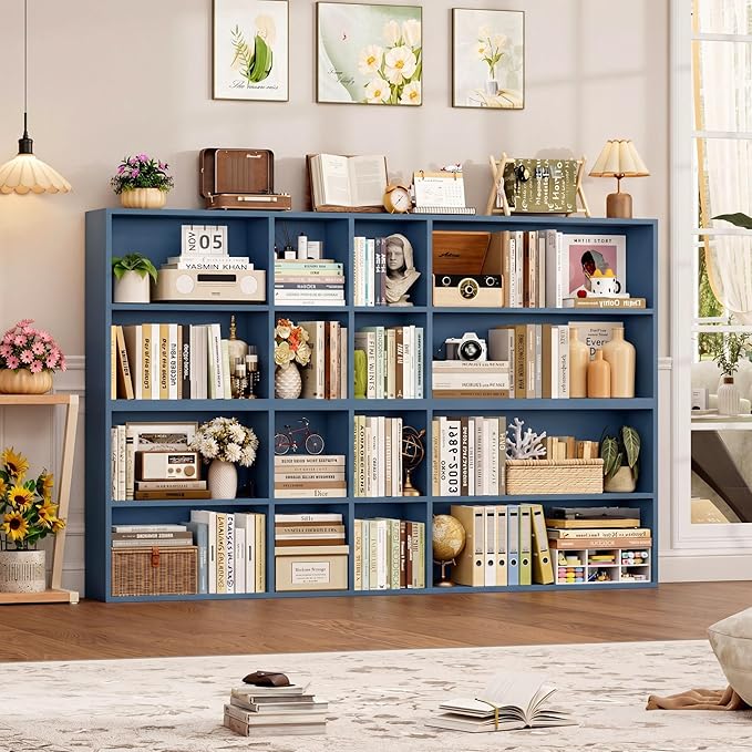 FOTOSOK 71'' Tall Bookshelf Set of 2, 7 Tier Large Bookshelf with Adjustable Shelves, Wide Bookcases and Bookshelf, DVD/CD Media Tower Storage, Cube Book Shelf Display Storage Cabinet, Blue