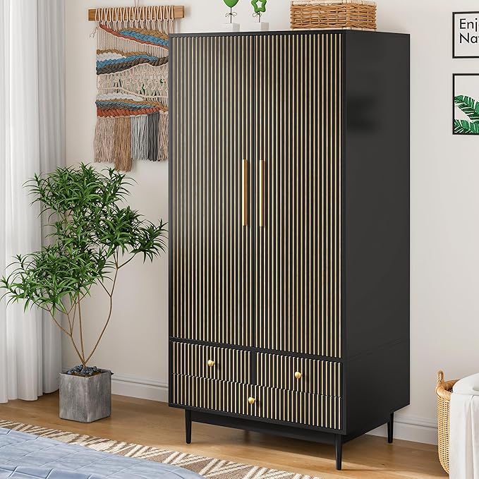 Armoire Wardrobe Closet with 2 Fluted Doors,64.96" Wooden Clothes Storage Cabinet with Hanging Rod and Shelf Storage,Wardrobe Cabinet with 3 Drawers,Freestanding Closet for Bedroom (Black)