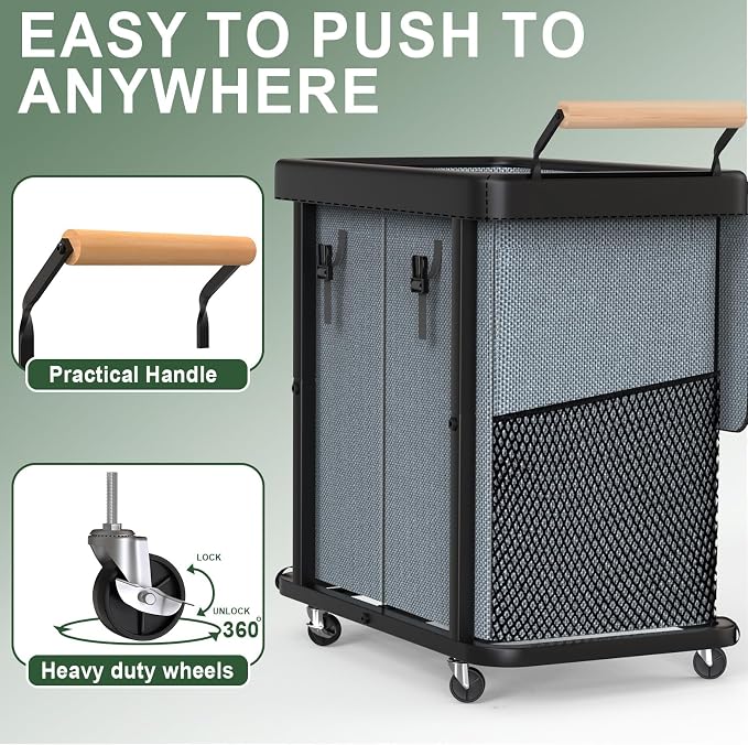 190L (50 Gal) Extra Large Fashion Laundry Hamper 2 Section with Lid, Rolling Laundry Basket Hamper with Handle, Laundry Organizer Storage Cart with Sturdy Metal Frame for Laundry Room,Hotel,Gray