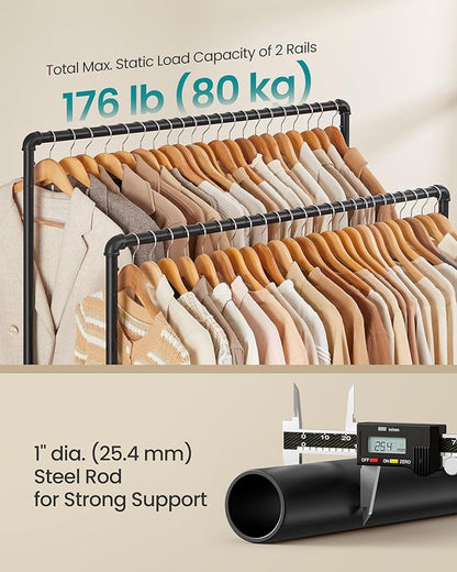 SONGMICS Heavy-Duty Clothes Rack, Double-Rod Clothing Rack for Hanging Clothes, Industrial Garment Rack on Wheels, Metal Frame, 2 Casters with Brakes, Commercial Display, Black UHSR60B