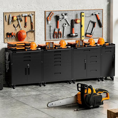 Metal Garage Storage Cabinet with Wheels, Rolling Tool Cabinet with 4 Drawers and 1 Door, Heavy Duty Tool Cabinet with Workbench, Assembly Required, Black