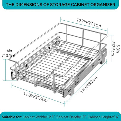 Pull Out Cabinet Organizer 11" W X 17" D, Slide Out Drawers For Kitchen Organizers and Storage, Pull Out Drawers For Cabinets Capacity Heavy Duty Caddy, Cabinet Shelves Chrome-Plated, Bathroom Pantry