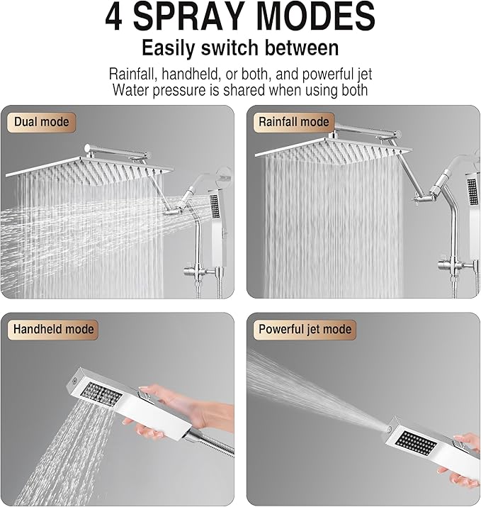 All Metal 12 Inch Rain Shower Head with Handheld Built-in Power Wash Mode, High Pressure Waterfall Rainfall Square Shower Heads with 16" Adjustable Extension Arm, Dual Showerhead(Chrome)