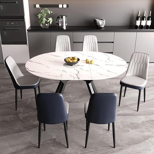 Extendable Round Dining Table Set for 6, 7 piece Dining Table Set with 47-63" Extendable Table and 6 Upholstered Chairs, Modern Sturdy MDF Kitchen Table Set for Small Spaces, Dining Room and Office