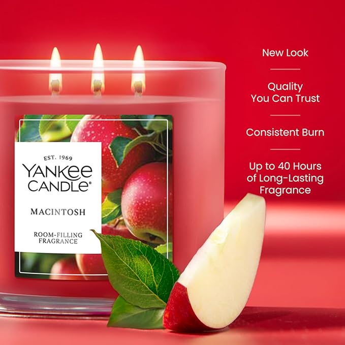 Yankee Candle Macintosh, Fall Scented Candle, 14.5oz 3-Wick Candle Jar with up to 40 Hours Burn Time