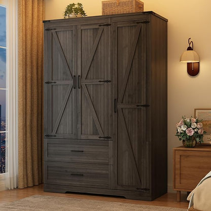 St.Mandyu Farmhouse Wardrobe Armoire Closet with 3 Doors and 2 Drawers, 70.1" Wooden Clothing Storage Cabinet, Freestanding Large Capacity Storage Wardrobe Armoire with Hanging Rod for Bedroom, Grey