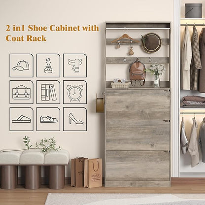 Tall Shoe Cabinet with Coat Rack, Hidden Shoe Storage Cabinet with Doors & Drawer, Hanging Bar & Hooks, Slim Narrow Freestanding Shoe Rack Organizer for Entryway, Hallway & Living Room, Grey