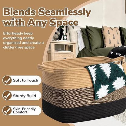 Goodpick 105L Extra Large Blanket Basket 25" x 16" x 16" Cotton Rope Storage Baskets for Organizing, Wicker Laundry Basket with Handles, Rectangle Woven Baskets for Storage, Black & Jute