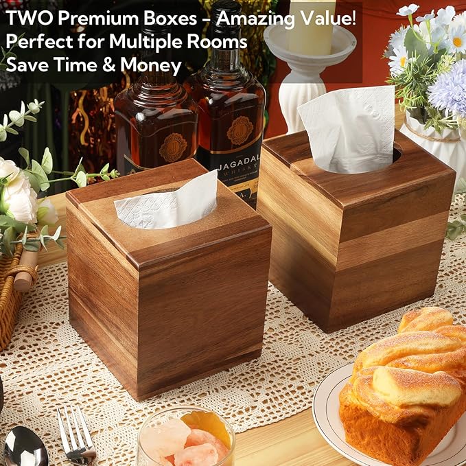 6 Pack Wooden Tissue Box Cover Bulk Square - Acacia Wood Tissue Box Holder for Tabletop Stands Bathroom Office- Decorative Facial Wood Tissue Box Cover for Modern Farmhouse Decor-Standard Walnut Color