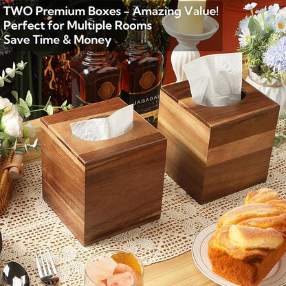 6 Pack Wooden Tissue Box Cover Bulk Square - Acacia Wood Tissue Box Holder for Tabletop Stands Bathroom Office- Decorative Facial Wood Tissue Box Cover for Modern Farmhouse Decor-Standard Walnut Color