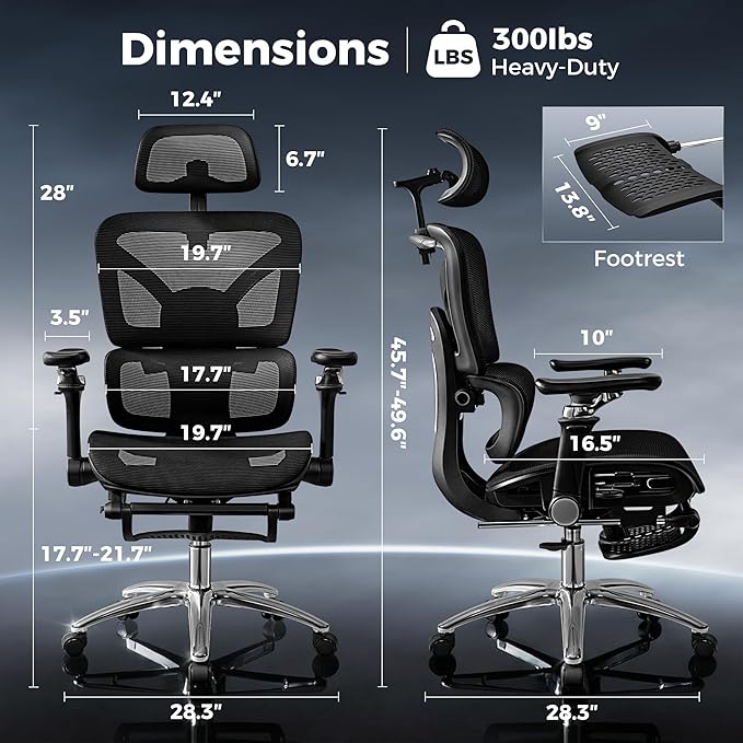 Ergonomic Office Chair with Footrest, Big and Tall Home Desk Chair, High Back Rolling Computer Chair with 5D Flip-Up Arms and Lumbar Support, Comfy Gaming Chair, Swivel Mesh Chairs, Black