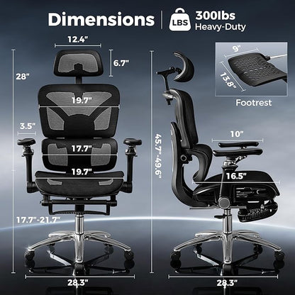 Ergonomic Office Chair with Footrest, Big and Tall Home Desk Chair, High Back Rolling Computer Chair with 5D Flip-Up Arms and Lumbar Support, Comfy Gaming Chair, Swivel Mesh Chairs, Black
