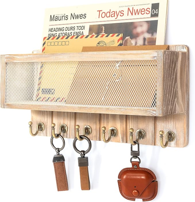 Rebee Vision Pine Wood Mail and Key Holder for Wall – Decorative Key Holder Wall Mount with Hooks & Basket for Entryway – Storage Organizer for Keys, Mail & Sunglasses (Natural)