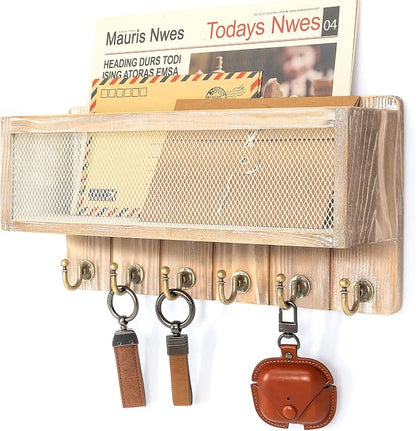 Rebee Vision Pine Wood Mail and Key Holder for Wall – Decorative Key Holder Wall Mount with Hooks & Basket for Entryway – Storage Organizer for Keys, Mail & Sunglasses (Natural)
