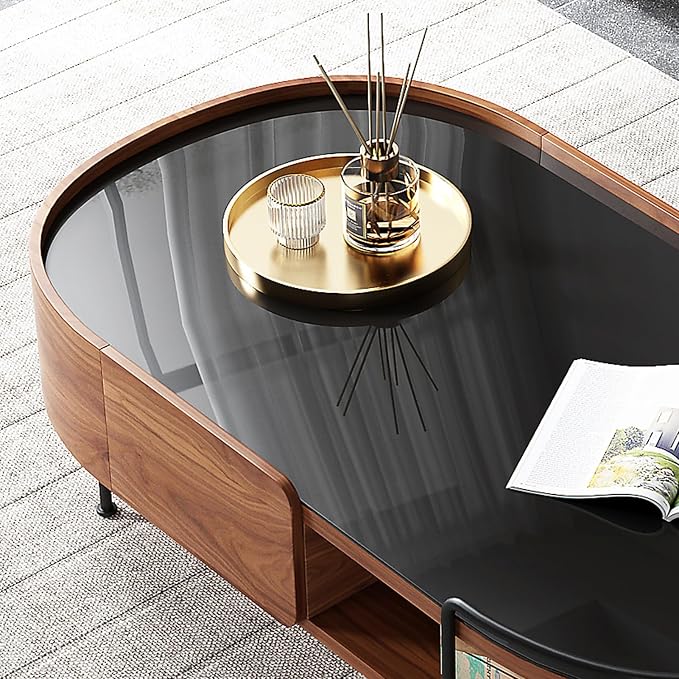 Lartis Oval Coffee Table in Walnut Black Glass Top Coffee Table - Living Room Table with Semi-Circular Storage,Multi Functional Marvel for Modern Living Room