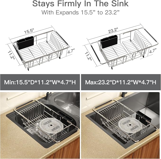 Over the Sink Expandable Dish Drainer Drying Rack In Stainless Steel for Small Kitchen, Counter Space Saving Modern Compact Metal Above Plate Dryer Strainer, Adjustable Hanging Inside Drain Holder | Expandable Stainless Steel Dish Drainer for Small Kit...