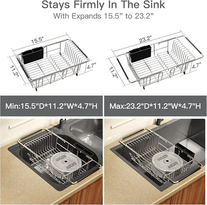 Over the Sink Expandable Dish Drainer Drying Rack In Stainless Steel for Small Kitchen, Counter Space Saving Modern Compact Metal Above Plate Dryer Strainer, Adjustable Hanging Inside Drain Holder | Expandable Stainless Steel Dish Drainer for Small Kit...