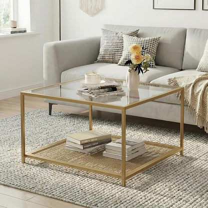 Gold Glass Coffee Table, Square Coffee Tables with Storage Shelf, Simple Tea Cocktail Modern Center Tables for Small Space, Living Room, Easy Assembly, 26 * 26in（Gold）