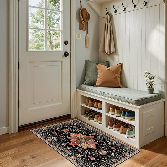 RELEANY Area Rugs Small 2'x4' Washable Non-Slip, Floral Vintage Distress Medallion Carpet for Kitchen Entryway Bathroom, Black Colorful Floral Dark Tan
