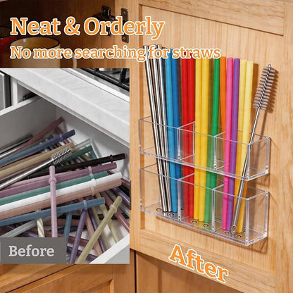 2 PACK Small Acrylic Straw Holder for Cabinet Doors, Reusable Adjustable Two-Part Straw Organizer with Ultra Sticky Adhesive Strips, 2026 Space-Saving Straw Storage for Kitchen Cupboard