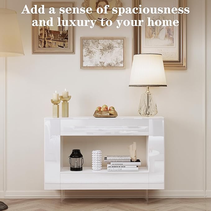 High Gloss Console Table with Hidden Side Storage Cabinets, Adjustable Shelves, Modern Entryway Sofa Table for Behind The Couch, Living Room, Hallway, White