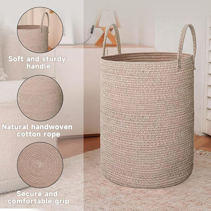 JMvicyroam Large Woven Laundry Basket Hamper,60L Cotton Rope Storage Bin for Blankets,Toys and Clothes,Decorative Tall Nursery Hamper for Living Room,Baby Nursery,Bathroom and Bedroom,Oatmeal